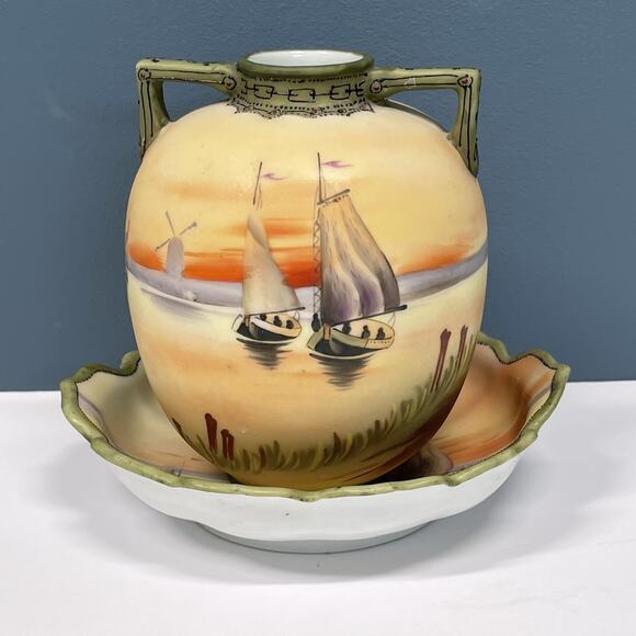 Old Noritake Handpainted Vase & Dish Sailing Ship Windmill Japan - Picture 1 of 16